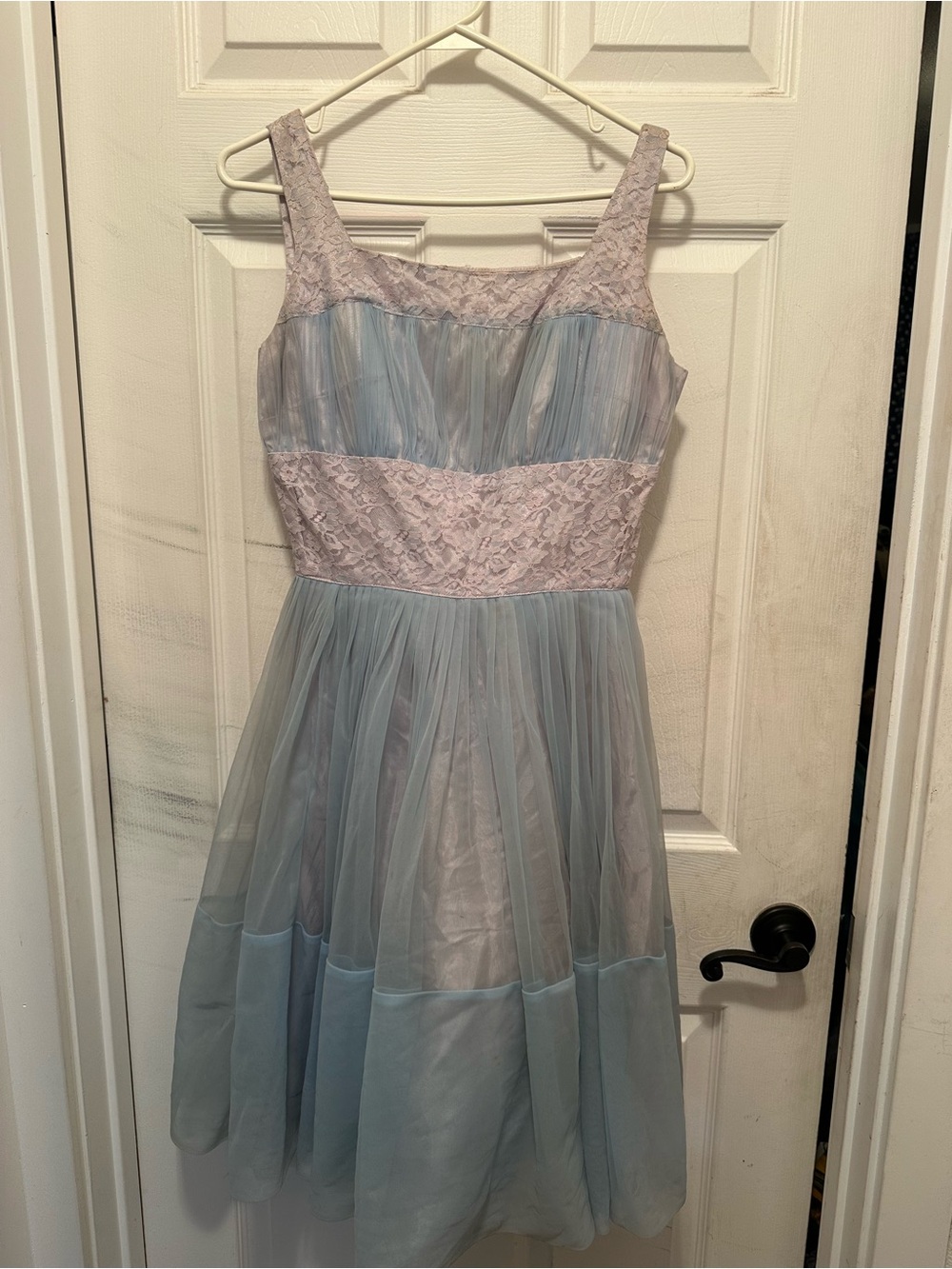 Vintage 50’s Light Blue Lace & Tulle Overlay Party Dress Prom Cocktail